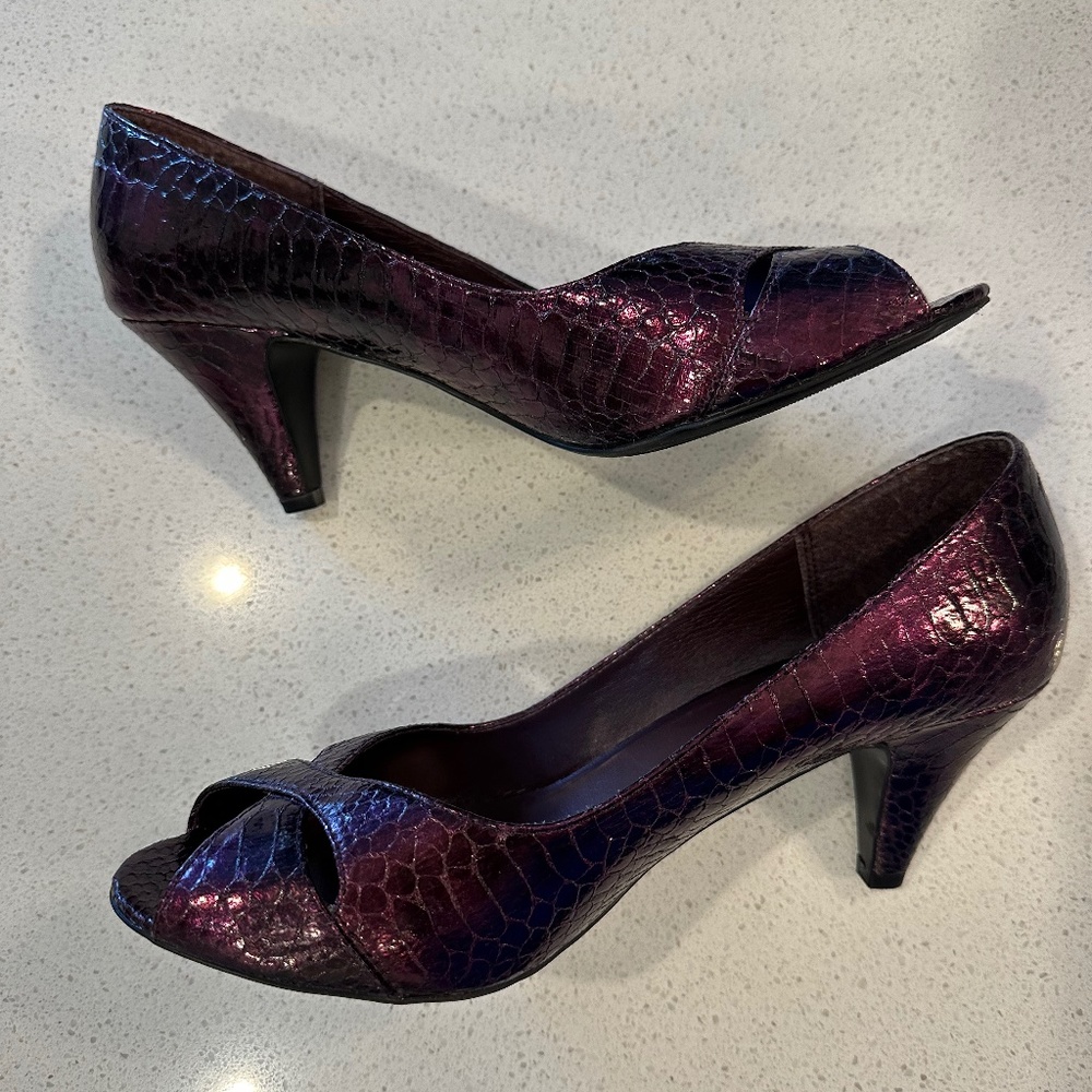 Purple Metallic Snake Embossed Heels